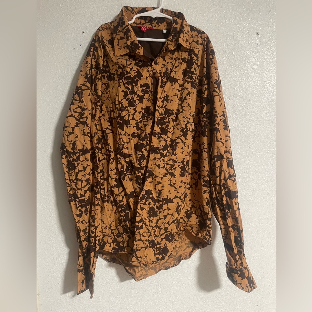 Guess Brown and Black Casual Button Down Shirt with Intricate Pattern